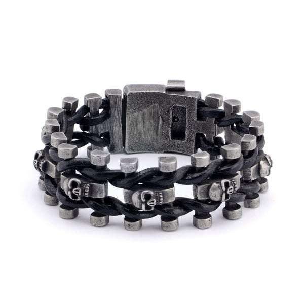 Titanium steel vintage belt buckle leather skull braided bracelet