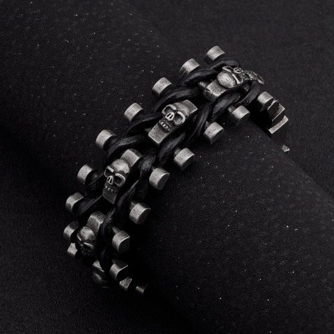 Titanium steel vintage belt buckle leather skull braided bracelet