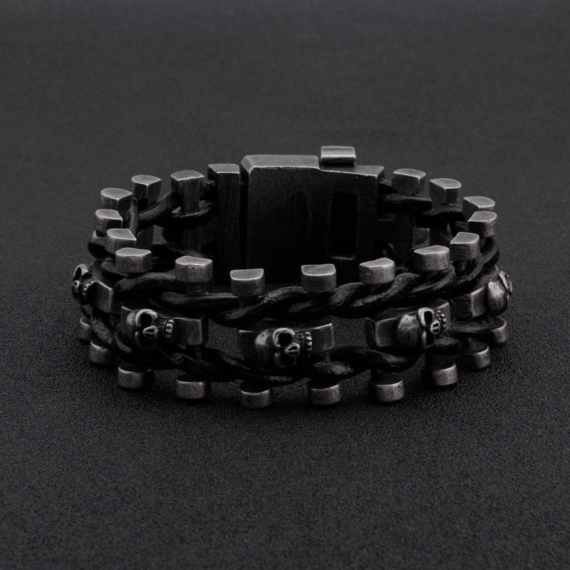 Titanium steel vintage belt buckle leather skull braided bracelet