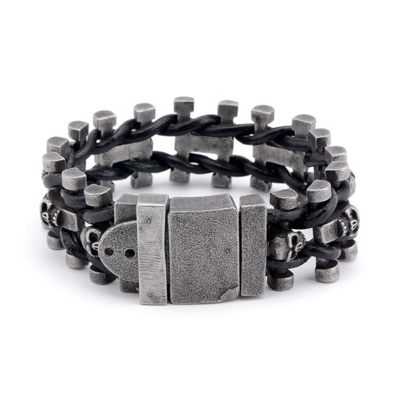 Titanium steel vintage belt buckle leather skull braided bracelet