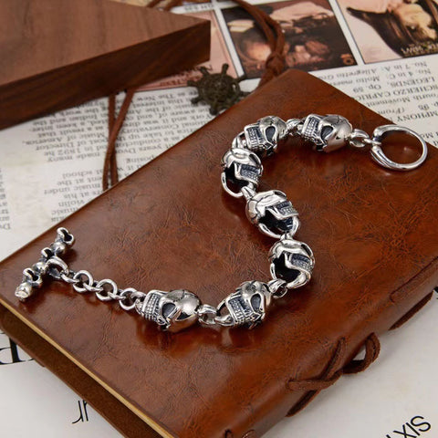 S925 Sterling Silver 12mm Dark Big Skull Bracelet For Men