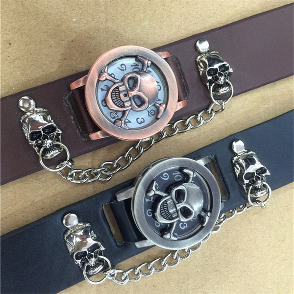 Skull Flip Leather Belt Band Bracelet Quartz Watch