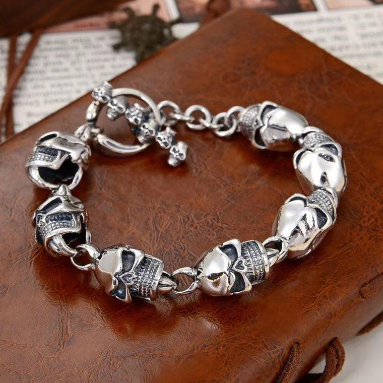 S925 Sterling Silver 12mm Dark Big Skull Bracelet For Men